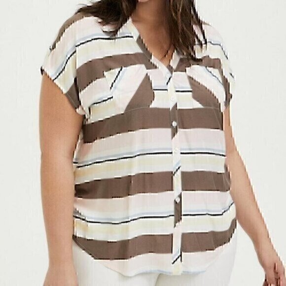 TORRID 3 Plus Size Challis Button Front Dolman Sleeve Top Brown Pink Stripe 3X - Picture 1 of 12